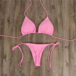 Conjunto de Bikini de color liso con cuello Halter para mujer - Imagen 4